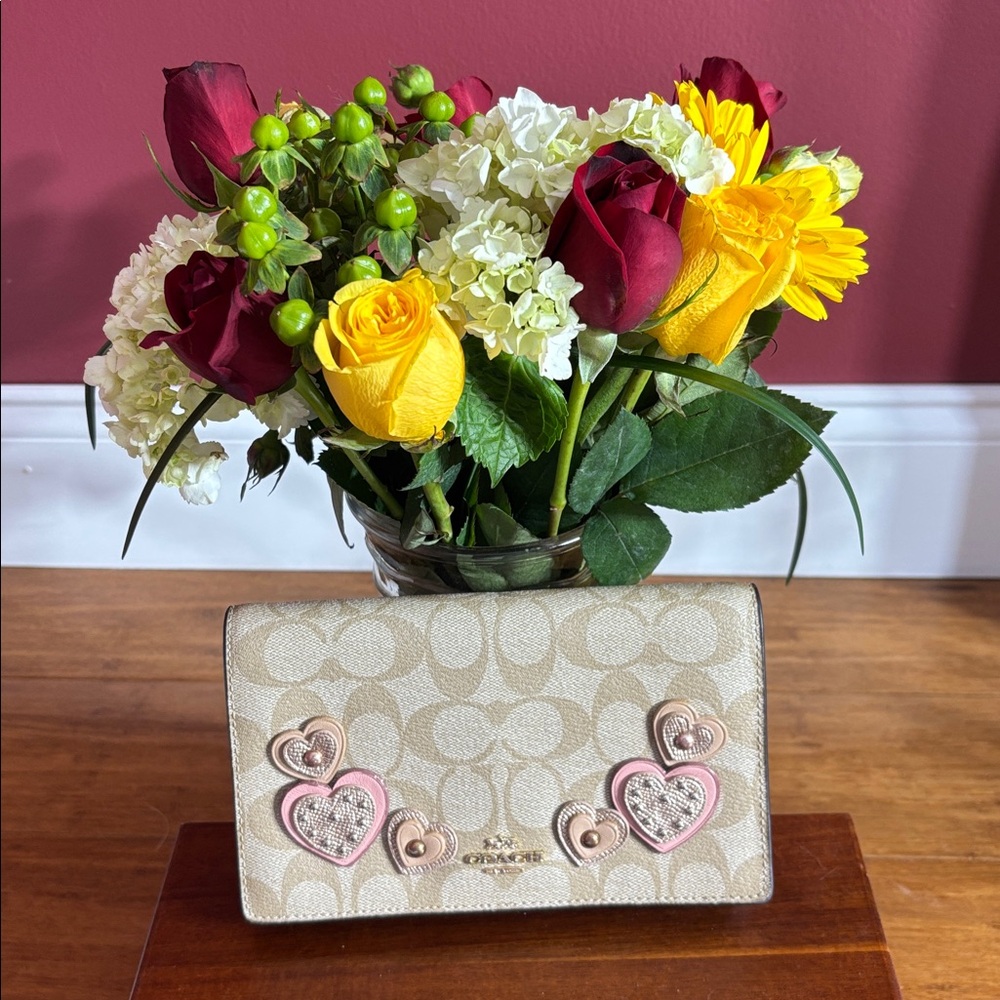 Coach Crossbody Bag with Heart Accents - Beige and Pink